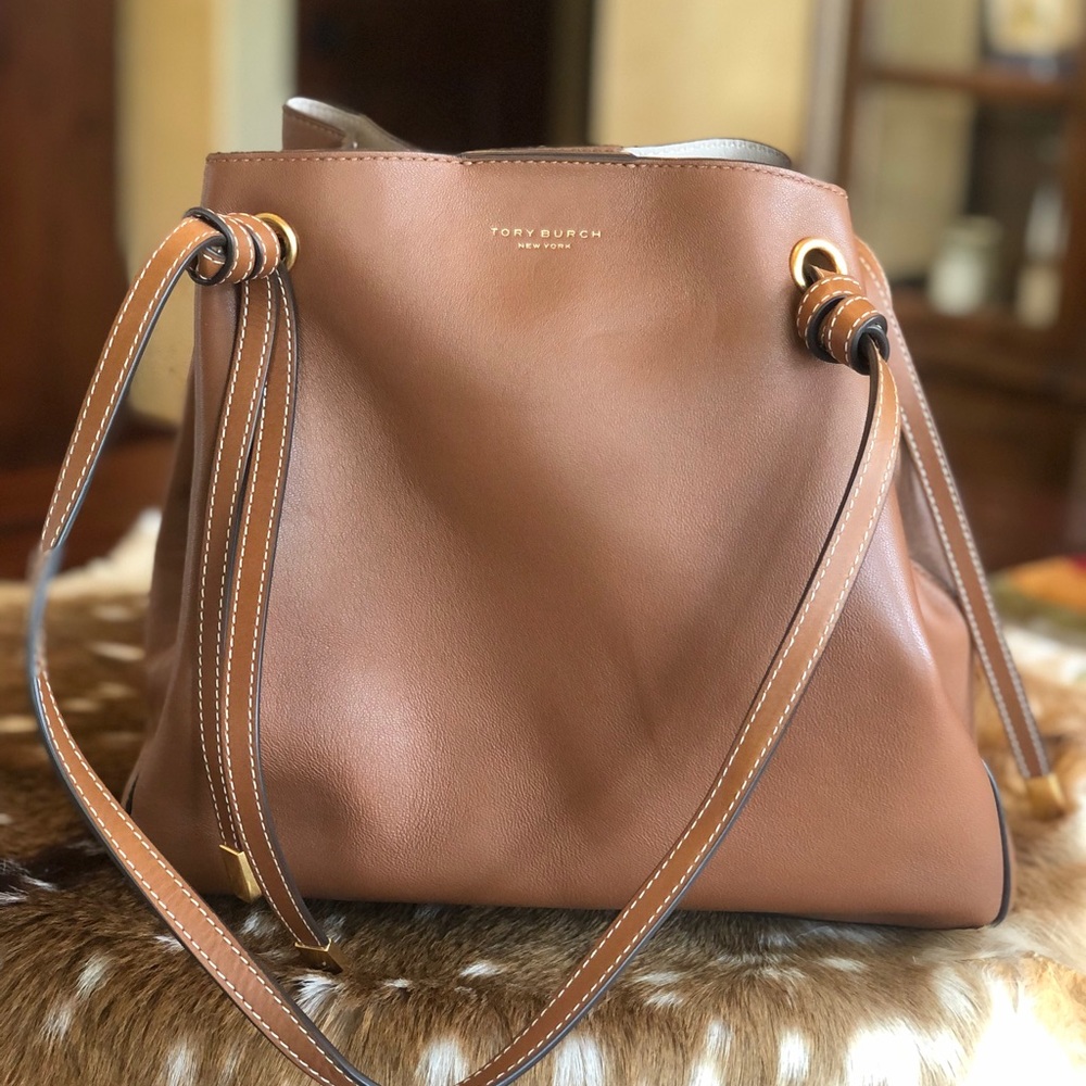Tory Burch light brown leather bag with gold hardware